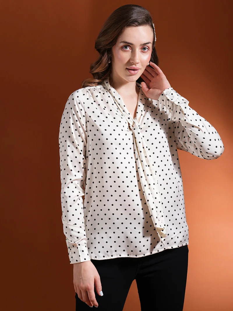 globus Women Polka Dot Print Mandarin Collar Satin Shirt Style Top