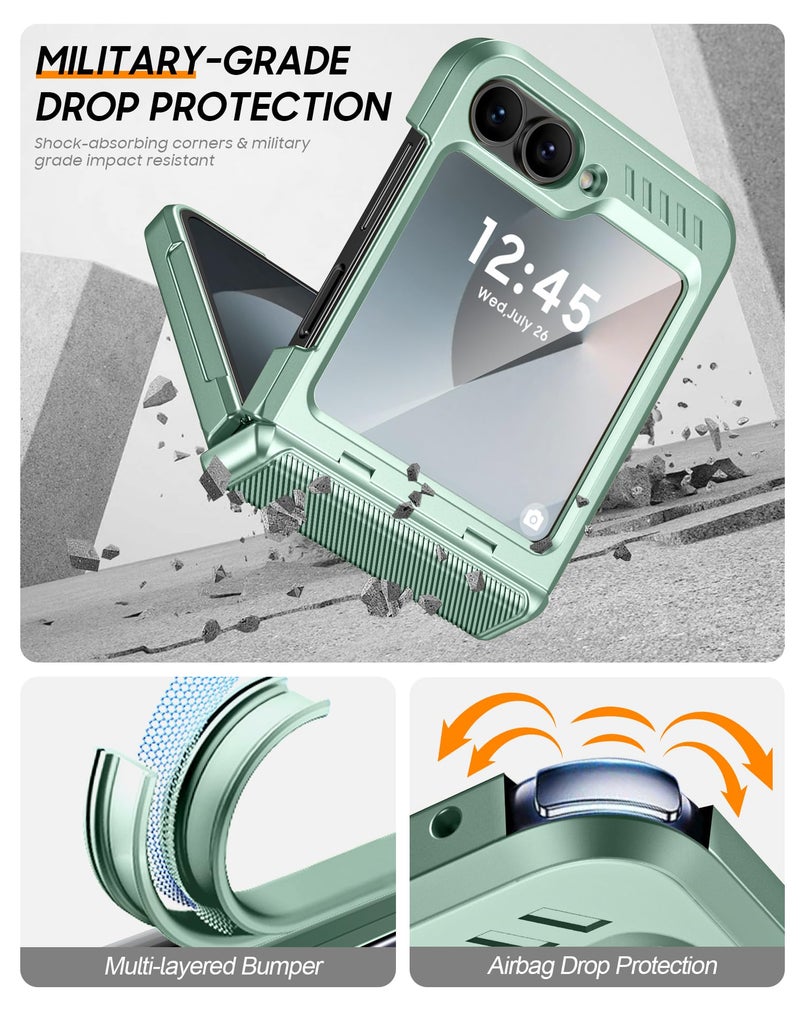 Vizvera for Samsung Galaxy Z Flip 6 Case with Hinge Protection, Built-in Screen Protector Shockproof All-Inclusive Phone Cover for Z Flip 6/Z Flip 7 FE-Mint Green - Image 5