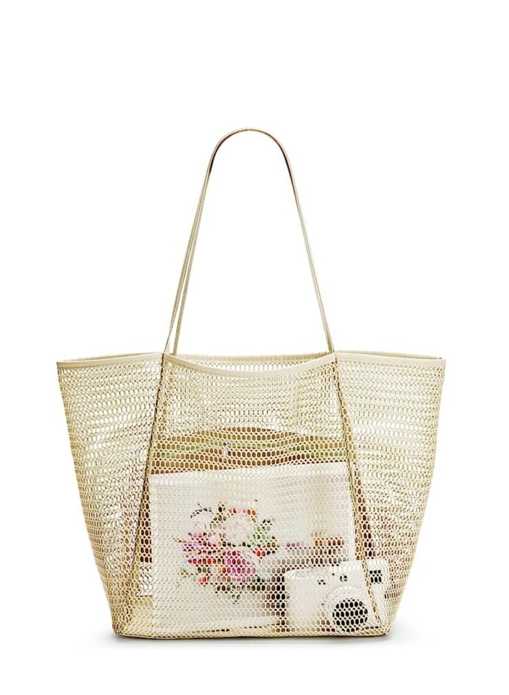 SYOSI Mesh Beach Bag for Women, Large Tote Bag Lightweight Foldable Beach Tote with Zipper Pocket for Women Vacation Beach Pool Trip  - Image 1
