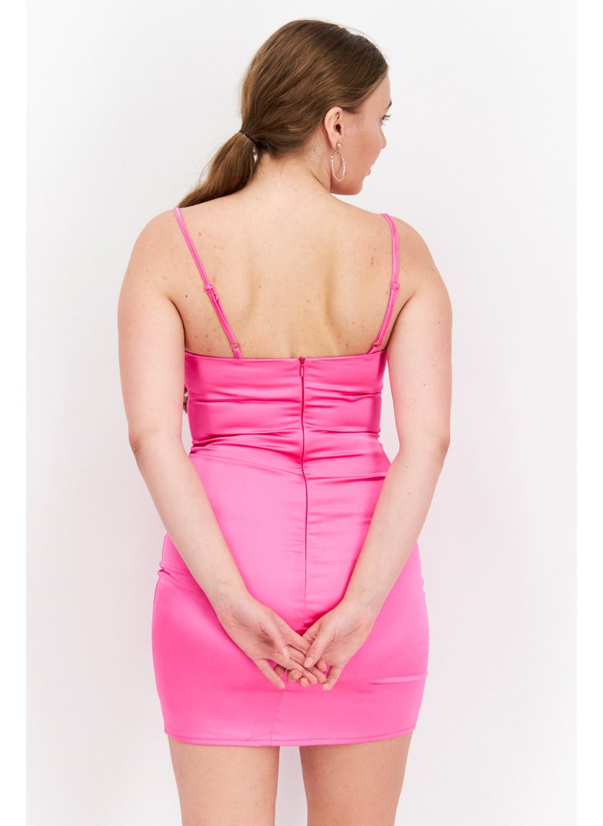 Flounce London - Women Petite Plain Satin Mini Dress, Pink - Image 1