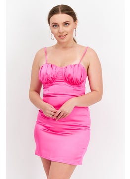 Women Petite Plain Satin Mini Dress, Pink