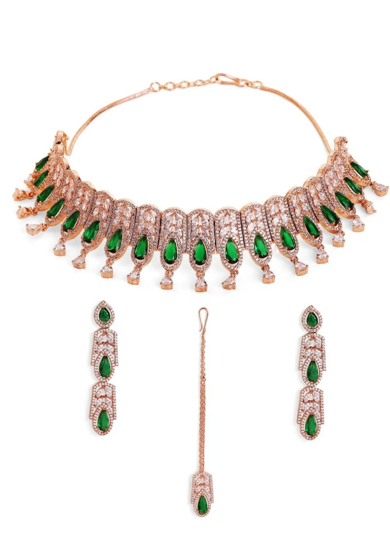 برياسي Plated Green Emarld American Diamond Necklace  Earrings