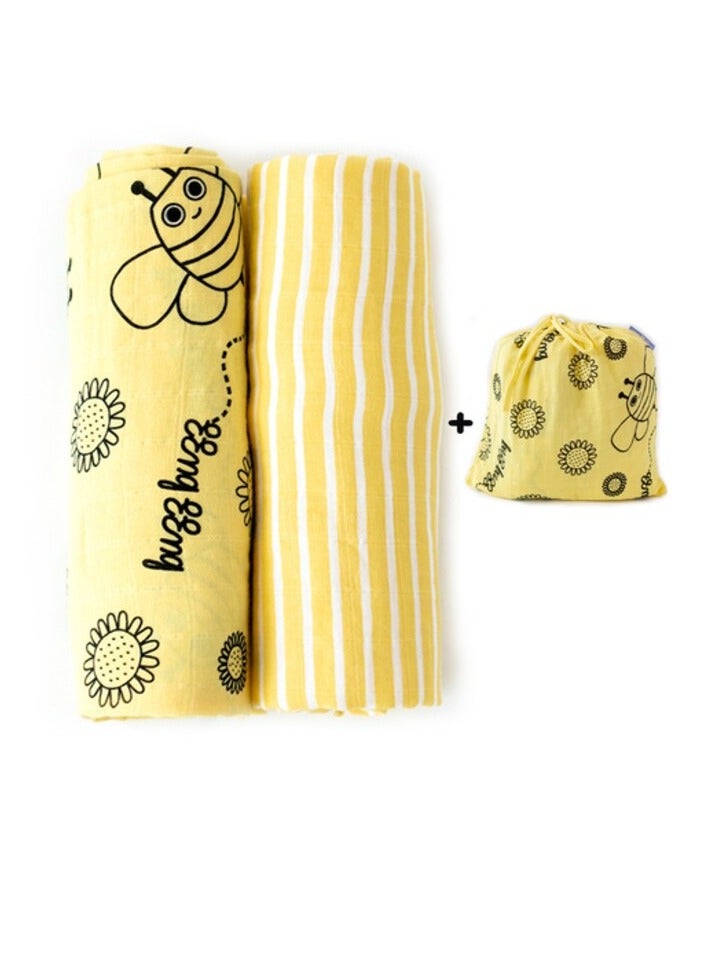 Milk&Moo Buzzy Bee Baby Swaddle Blanket, Oeko Tex Certified 100%Cotton, Muslin Swaddle Blankets, Ultra Soft, Breathable, Lightweight, Set of 2 Muslin Blanket for Boys and Girls - Image 1