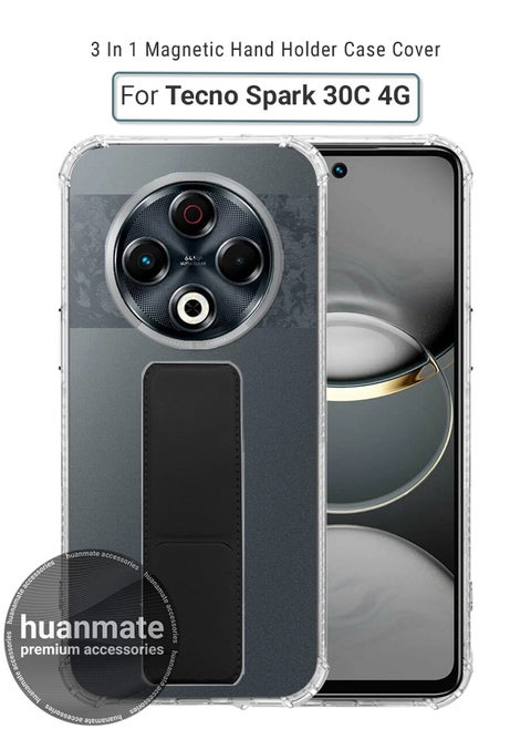 Tecno Spark 30C 4G Magnetic Case With Hand Grip Holder & Kickstand - Strong Grip for Magnetic Car Holder, Stylish & Functional, Ultimate Convenience & Hands-Free Viewing - Clear/Black