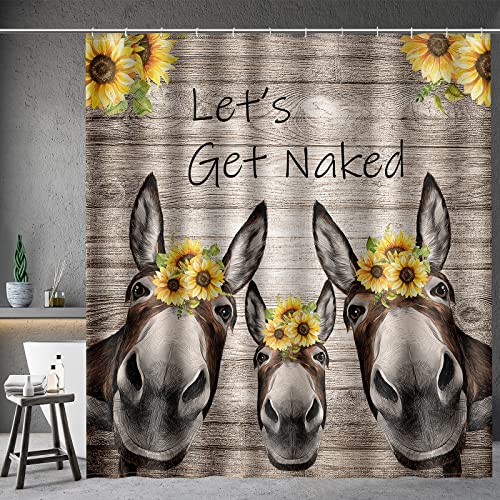 Aimego Donkey Sunflower Shower Curtain Farm Animal with Sunflower Wooden Rustic Country Farmhouse Shower Curtain Set with 12 Hooks for Bathroom Decor Accessories Bathtub Curtain, 72"x72" - Image 1