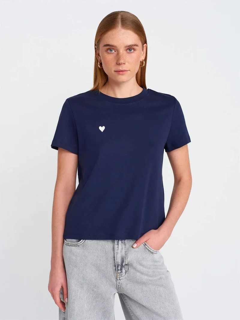 Dilvin Dilvin Women's Cotton Crew Neck T-Shirt With Embroidery