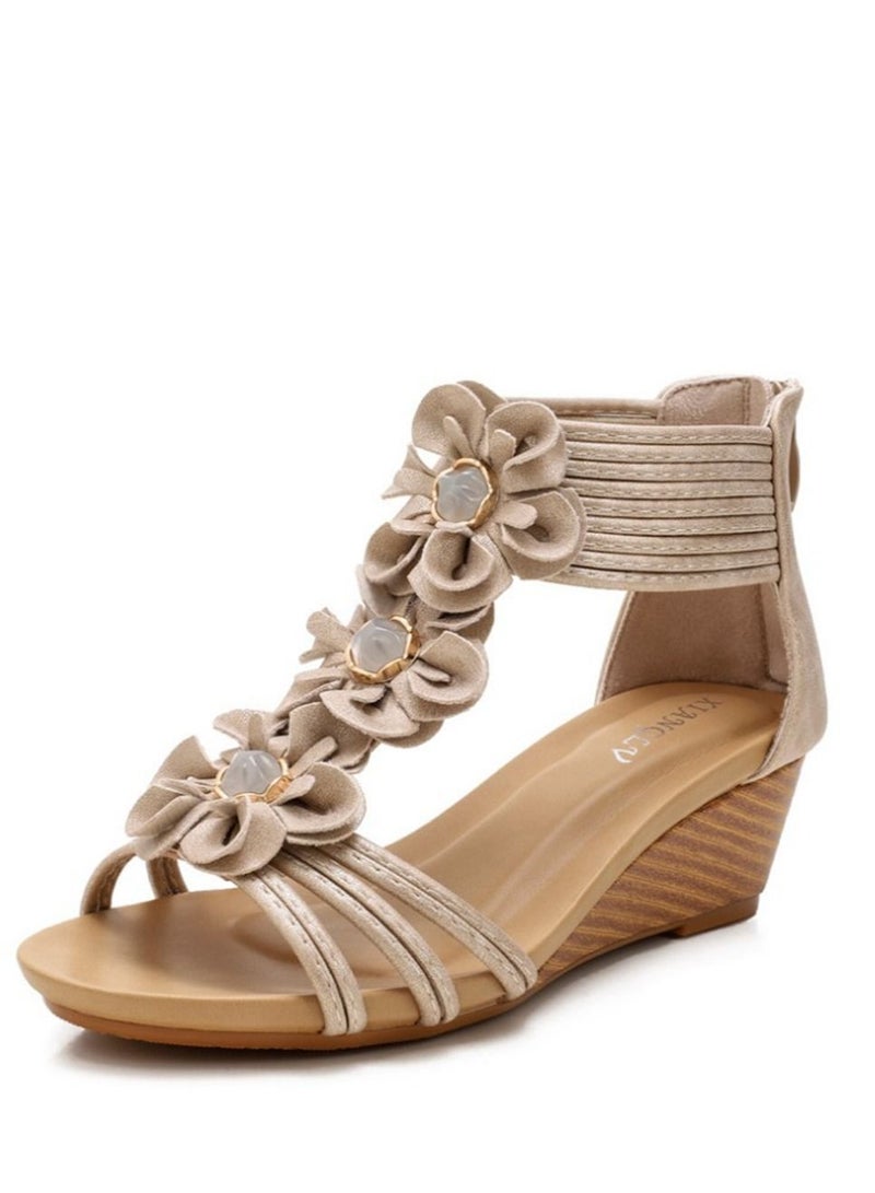 Loquat Ethnic Flower Wedge Heel Sandals 5CM Beige  - Image 1