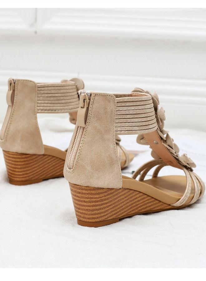 Loquat Ethnic Flower Wedge Heel Sandals 5CM Beige  - Image 2