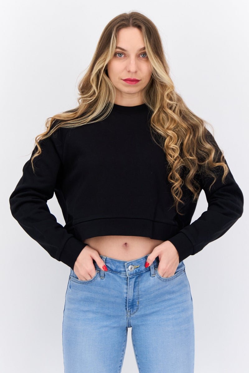 Lyle & Scott سويت شيرت قصير بأكمام طويلة للنساء بياقة دائرية، أسود - Image 1