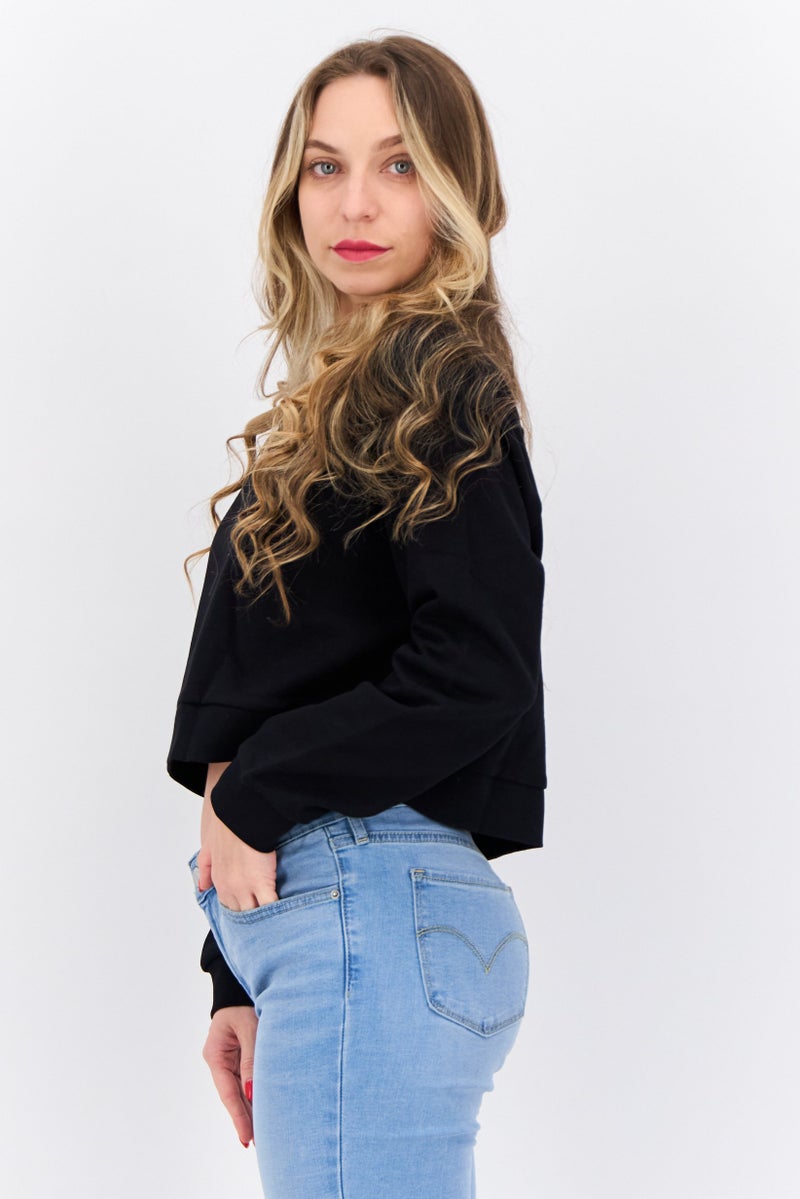 Lyle & Scott Women Crew Neck Solid Long Sleeves Crop Sweatshirt, Black - Image 2