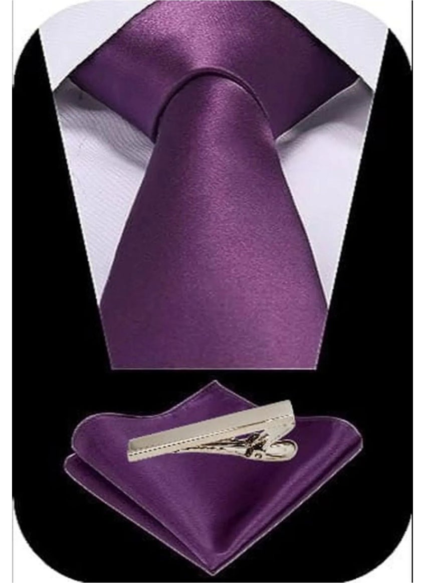Tezzgelsin Men's Satin Tie Handkerchief and Silver Steel Tie Clip Set  - Image 2
