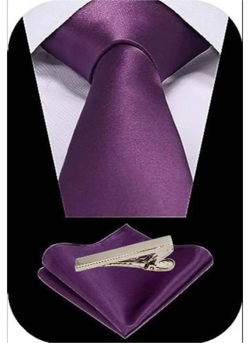 Tezzgelsin Men's Satin Tie Handkerchief and Silver Steel Tie Clip Set