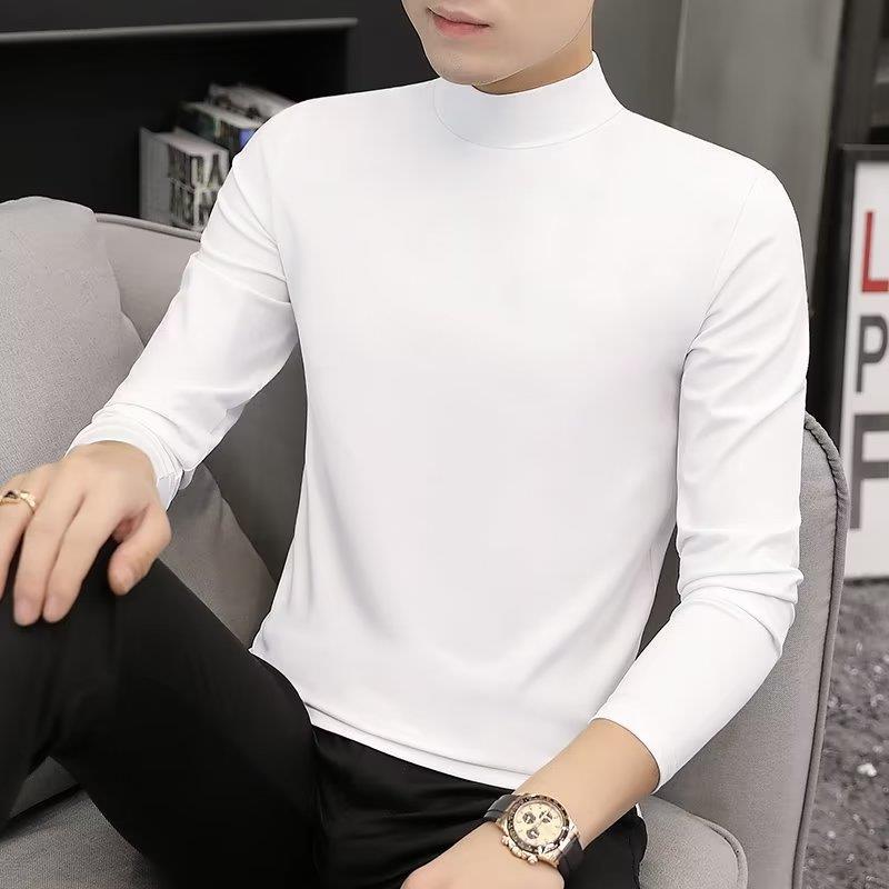 Special Clearance] Mens High Collar Base Shirt Long Sleeve T-shirt Student Solid Color T-shirt Top Mens Youth Base Autumn Clothes Mock neck long sleeve white