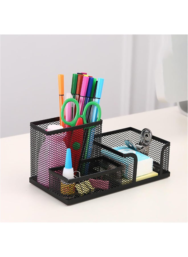 Desktop Metal Mesh Pen Holder Storage Organizer Accessories Home School Cards Black 3 Sections - Image 1