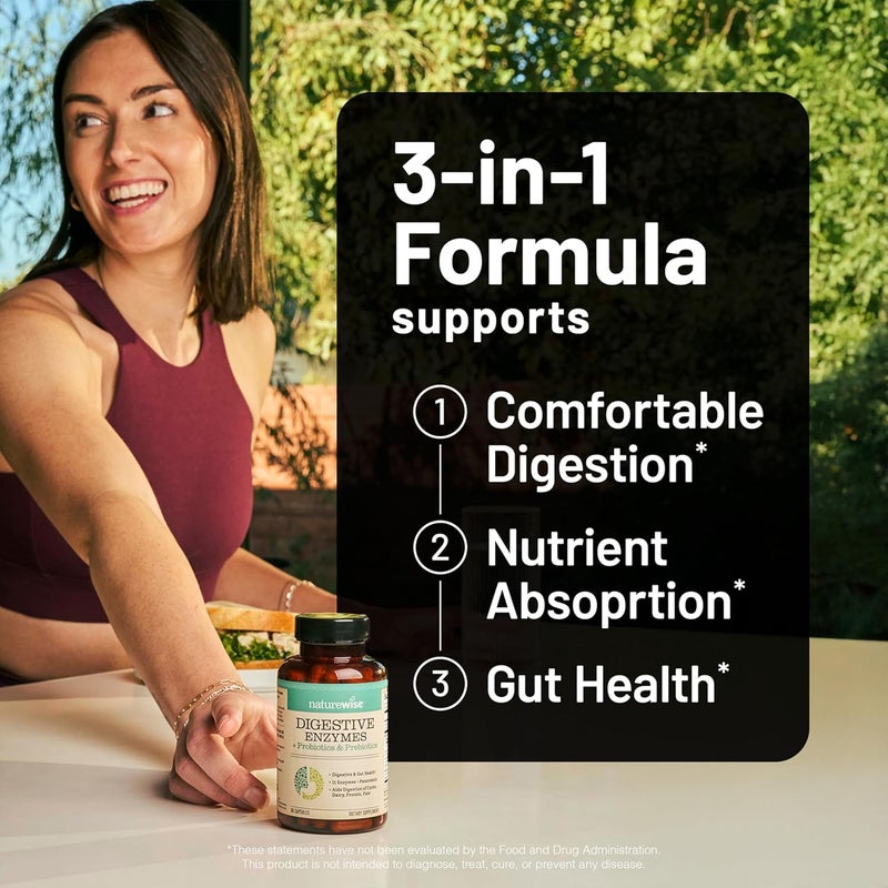 NatureWise إنزيمات هضم ناتشر وايز متعددة الإنزيمات مع البروبيوتيك والبريبايوتيك وراحة ما بعد الوجبة ودعم الانتفاخ ومساعدة الهضم وصحة الأمعاء خالية من الصويا وغير معدلة وراثيًا 60 كبسولة إمداد لمدة شهر - Image 3