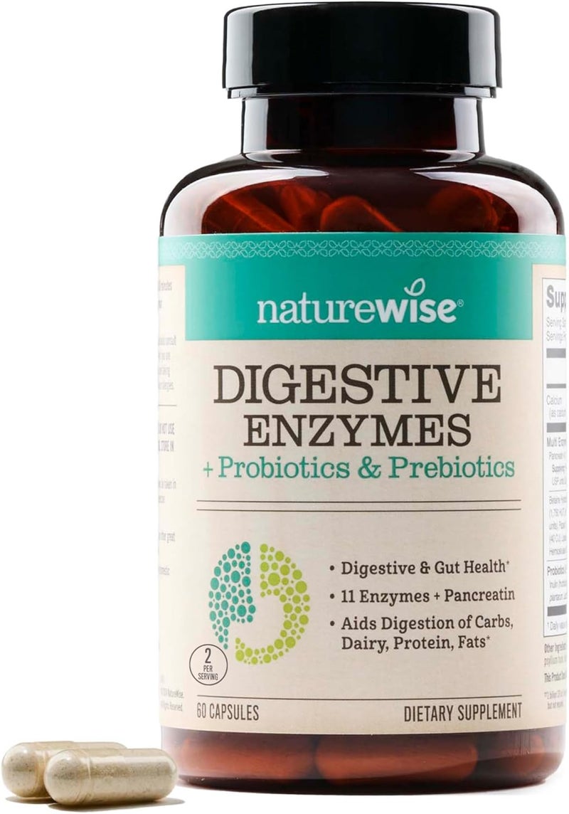 NatureWise إنزيمات هضم ناتشر وايز متعددة الإنزيمات مع البروبيوتيك والبريبايوتيك وراحة ما بعد الوجبة ودعم الانتفاخ ومساعدة الهضم وصحة الأمعاء خالية من الصويا وغير معدلة وراثيًا 60 كبسولة إمداد لمدة شهر - Image 1