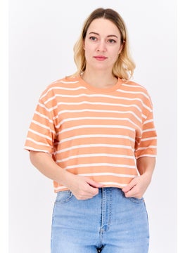 Lefties Women Crew Neck Stripes Short Sleeves Cropped Top, Orange  - Image 1