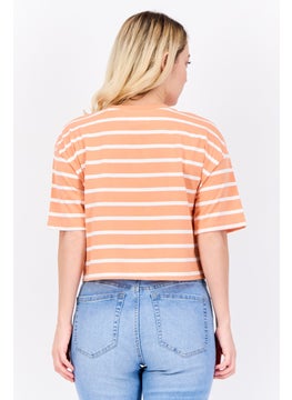 Lefties Women Crew Neck Stripes Short Sleeves Cropped Top, Orange  - Image 4