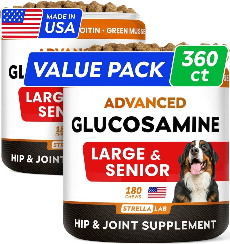 StrellaLab Senior Advanced Glucosamine Chondroitin Joint Supplement for Dogs - Hip & Joint Pain Relief Pills - Large & Small Breed - Hip Joint Chews Canine Joint Health - Chews Older Dogs - Bacon Flavor - 360Ct - Image 1