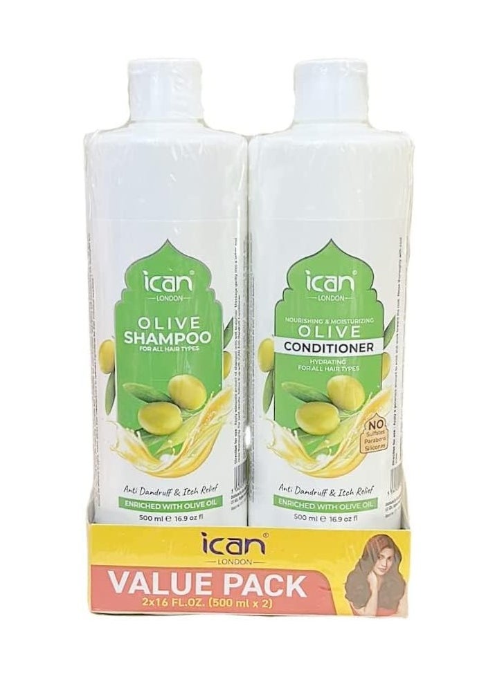 iCan London ican London Olive Oil Enriched Anti Dandruff, Itch Relief Formula Shampoo And Conditioner DUO PACK 500ml Each 