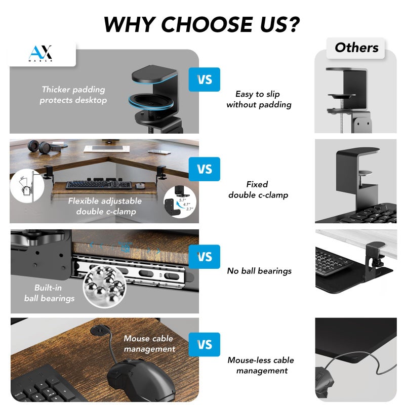 AX WABER Keyboard Tray Under Desk Pull Out with Extra Sturdy C Clamp Mount System, 27.3 (32.5 inch Including Clamps) x 11 Inch Slide-Out Platform Computer Drawer for Typing Vintage AX01WG02 - Image 3