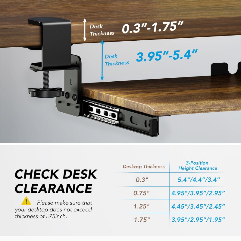 AX WABER Keyboard Tray Under Desk Pull Out with Extra Sturdy C Clamp Mount System, 27.3 (32.5 inch Including Clamps) x 11 Inch Slide-Out Platform Computer Drawer for Typing Vintage AX01WG02 - Image 5