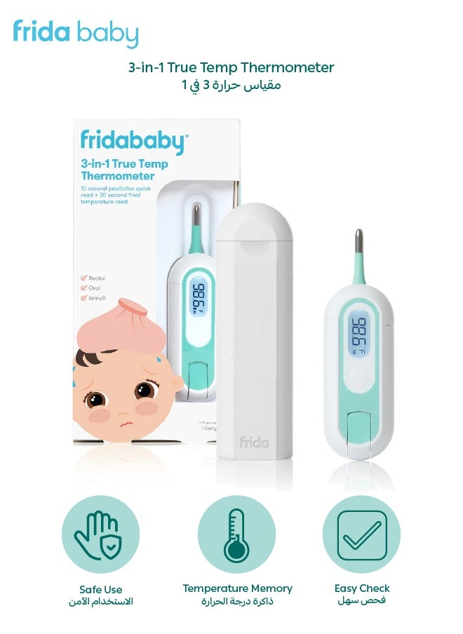 3-in-1 True Temp Thermometer - Quick & Accurate Digital Baby Thermometer for Rectal, Oral & Armpit Use - LED Light, Flexible Tip, Water-Resistant