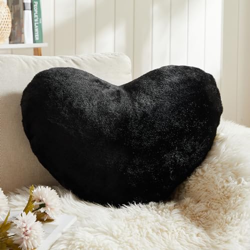 EastTree Heart Pillows, Black Heart Shaped Pillows, Love Throw Pillows Gifts, Ultra Soft Faux Rabbit Fur Small Cute Pillows, Women Girls Kid Room Decor 10x13 Inch - Image 1