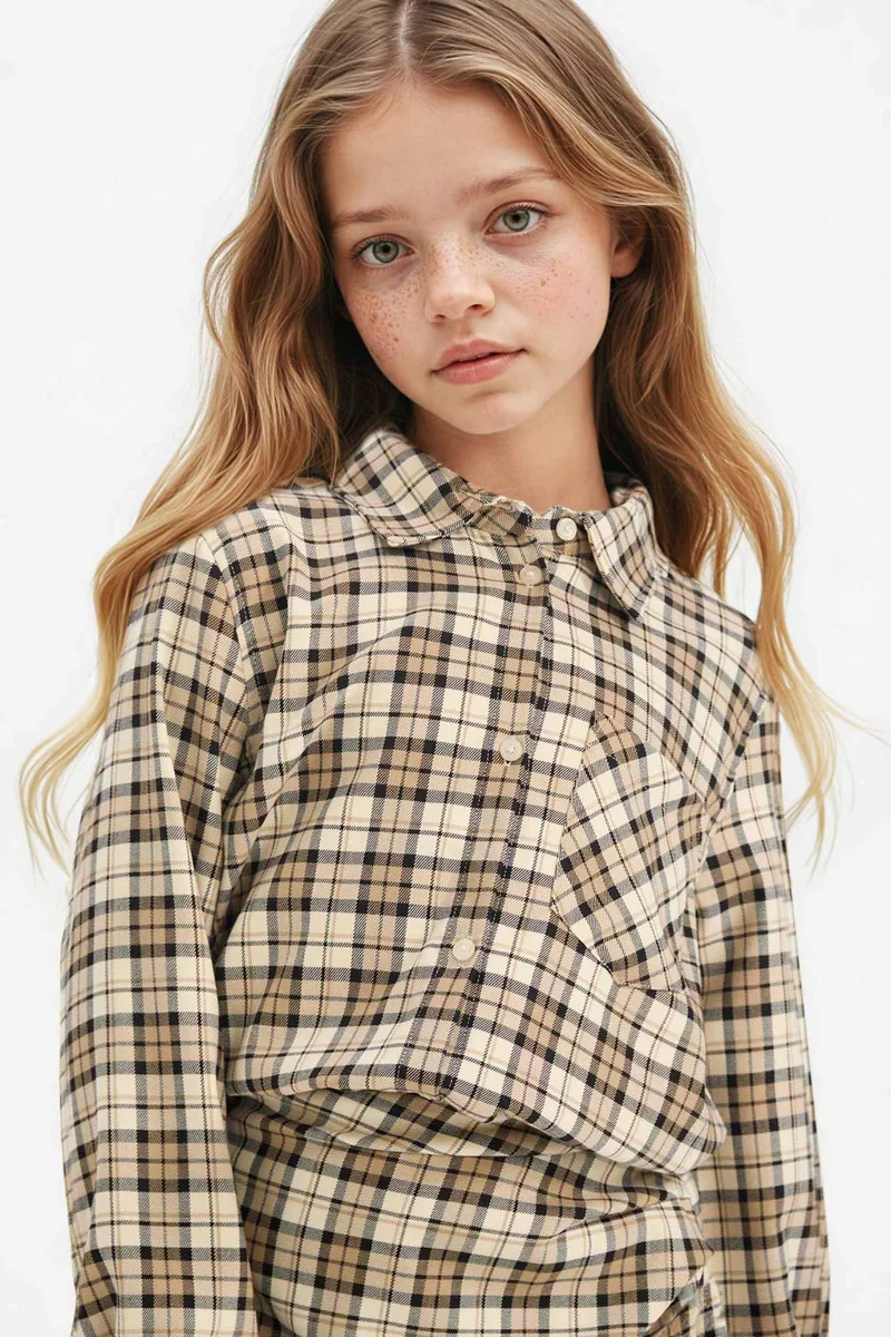 ديفاكتو Girl Oxford Plaid Long Sleeve Shirt