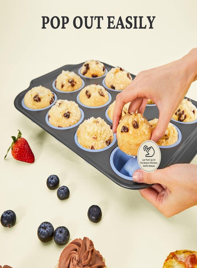 BRONYPRO Silicone Muffin Pan with Metal Frame, Egg Bite Maker Silicone Molds for Baking, Cupcake Pans 12 Regular Size, Muffin Tins Easy to Pop Nonstick Non Toxic Bakeware for Oven, Blue - Image 4