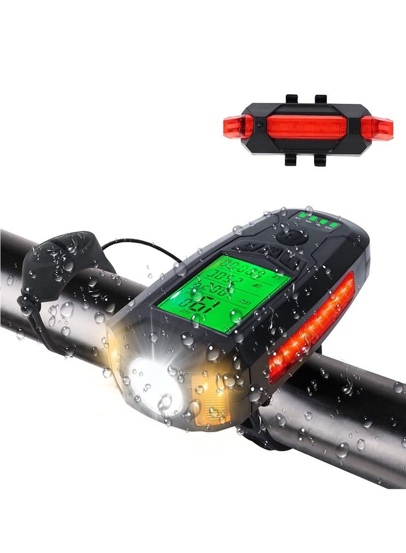 Y&D Bike Speedometer with Horn and Light Set USB Rechargeable for Waterproof Odometer Cycling Front Tail All Mountain Road - Image 1