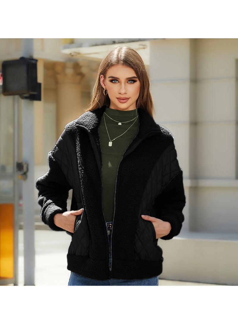 NIBEMINENT Fashion Women's Autumn and Winter New Long-sleeved Cardigan Zipper Plush Splicing Women's Coat  - Image 1