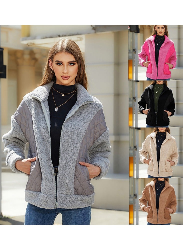 NIBEMINENT Fashion Women's Autumn and Winter New Long-sleeved Cardigan Zipper Plush Splicing Women's Coat  - Image 2