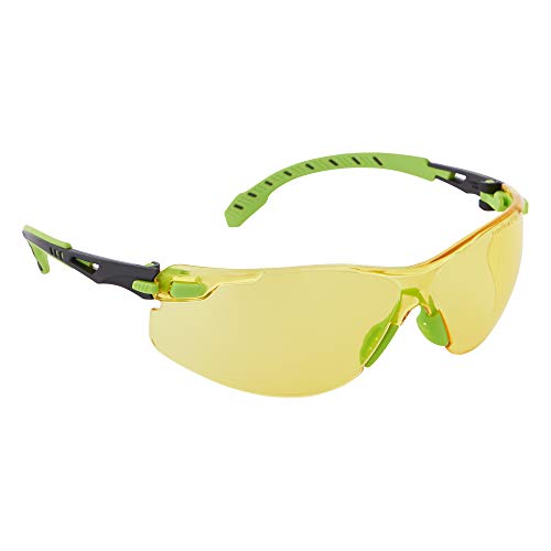 3M Safety Glasses, Solus 1000 Series, ANSI Z87, Scotchgard Anti-Fog, Amber Lens, Green/Black Frame - Image 1