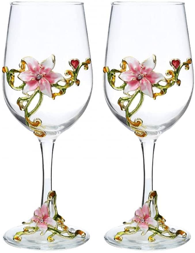 Simcat Handmade Painted Enamel Flower Glass Wine Glasses Transparent Refined Goblet Stem For Cabernet Gifts Double pink gift box2 Gift Box