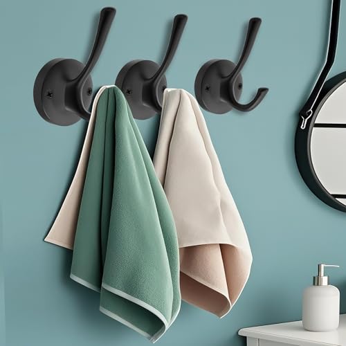 TOFIIGREM Black Wall Hooks Towel Hooks, 3 Pack Coat Hooks Robe Hook Heavy Duty Metal Double Bath Hook Wall Mounted, Hand Towel Hooks for Entryway Bathroom Kitchen Closet Garage - Image 2