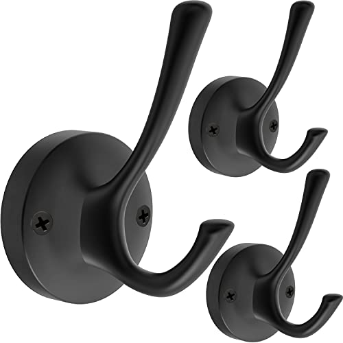 TOFIIGREM Black Wall Hooks Towel Hooks, 3 Pack Coat Hooks Robe Hook Heavy Duty Metal Double Bath Hook Wall Mounted, Hand Towel Hooks for Entryway Bathroom Kitchen Closet Garage - Image 1