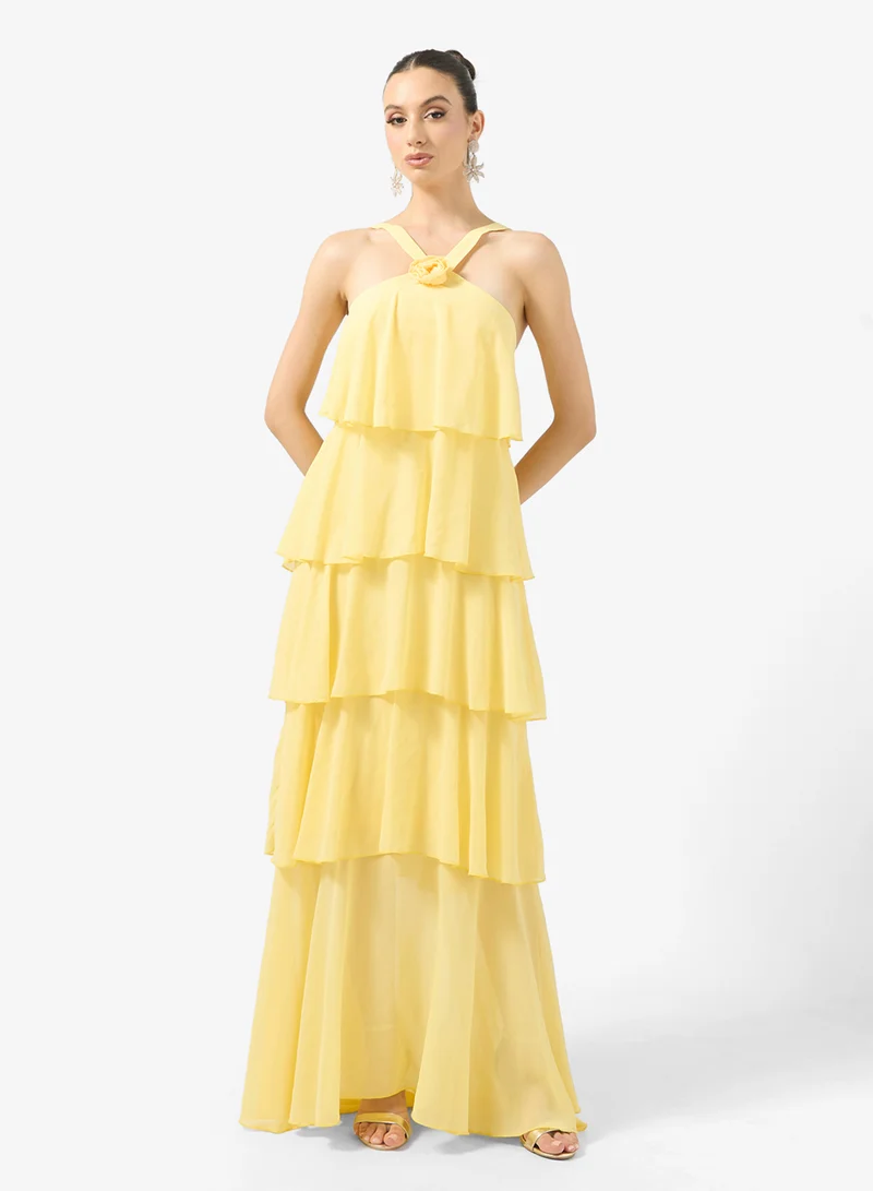 Ginger Boutique Halter Neck Crosage Detail Waterfall Ruffle Dress