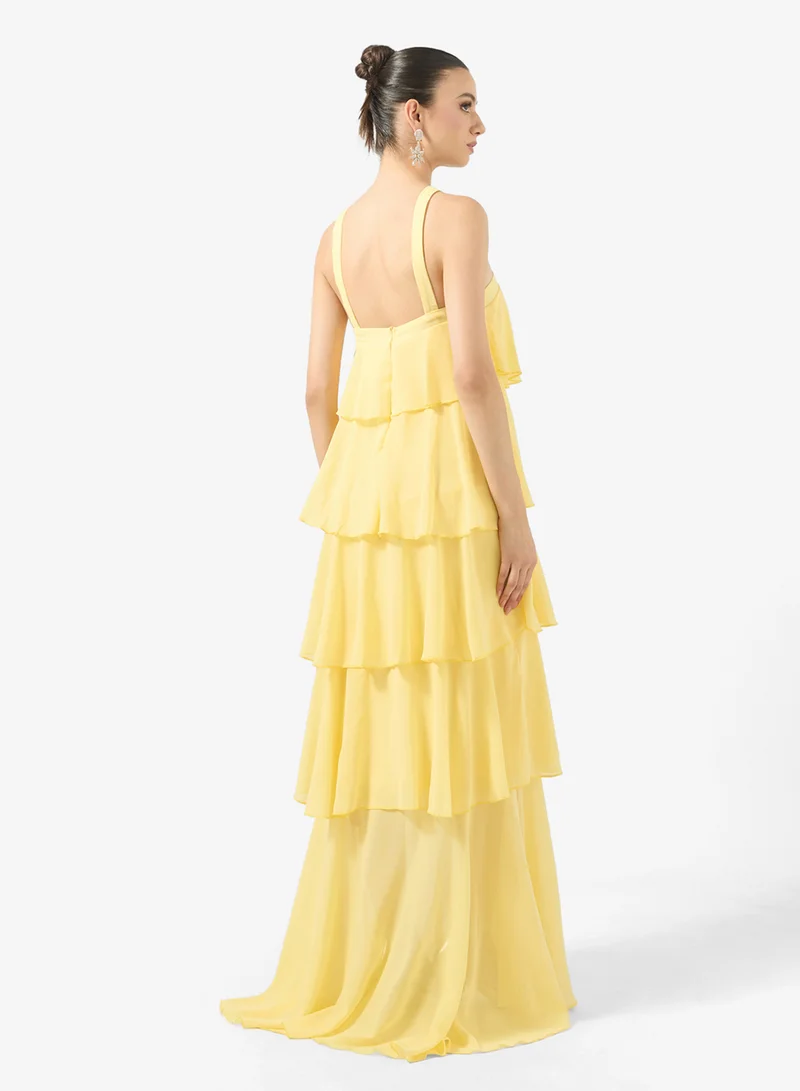 Ginger Boutique Halter Neck Crosage Detail Waterfall Ruffle Dress