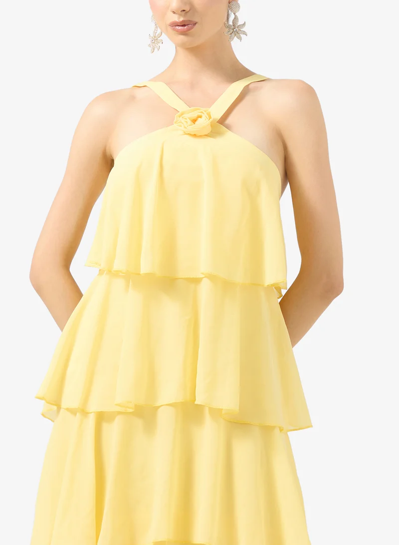 Ginger Boutique Halter Neck Crosage Detail Waterfall Ruffle Dress
