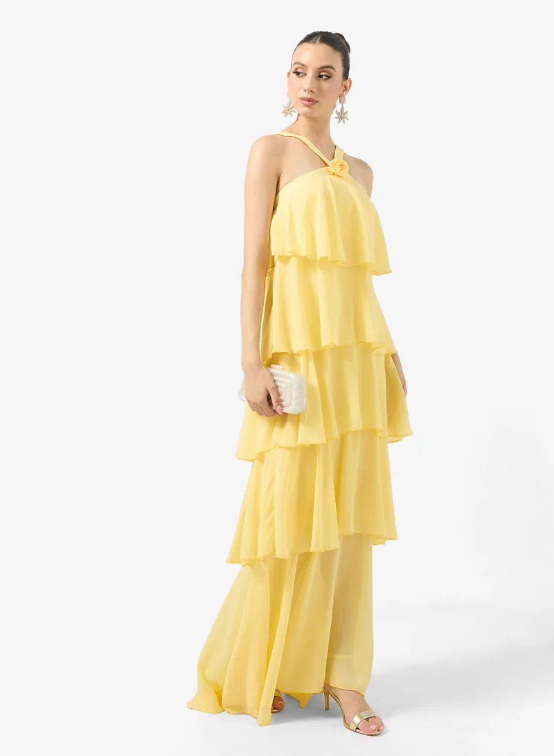 Ginger Boutique Halter Neck Crosage Detail Waterfall Ruffle Dress