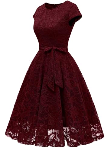 MUADRESS Women Cap-Sleeve Lace Floral Elegant Cocktail Dress Crew Neck Knee Length Bridesmaid Prom Dresses for Party Burgundy L - Image 2