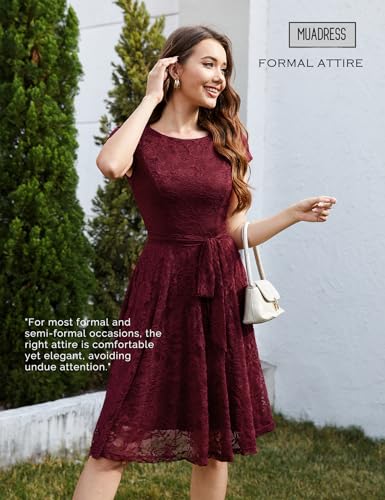 MUADRESS Women Cap-Sleeve Lace Floral Elegant Cocktail Dress Crew Neck Knee Length Bridesmaid Prom Dresses for Party Burgundy L - Image 3
