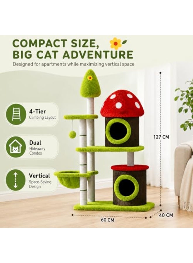 Al LIFE 49.5 Inch Mushroom Cat Tree Tower for Indoor Cats, Multi-Level Cat Condo with Sisal Scratching Posts, Plush Perches, Hammock Bed & Hanging Ball Toy - Image 3