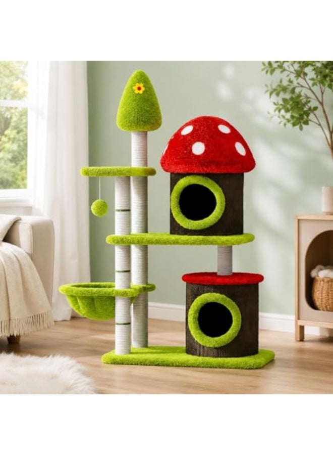 Al LIFE 49.5 Inch Mushroom Cat Tree Tower for Indoor Cats, Multi-Level Cat Condo with Sisal Scratching Posts, Plush Perches, Hammock Bed & Hanging Ball Toy - Image 1