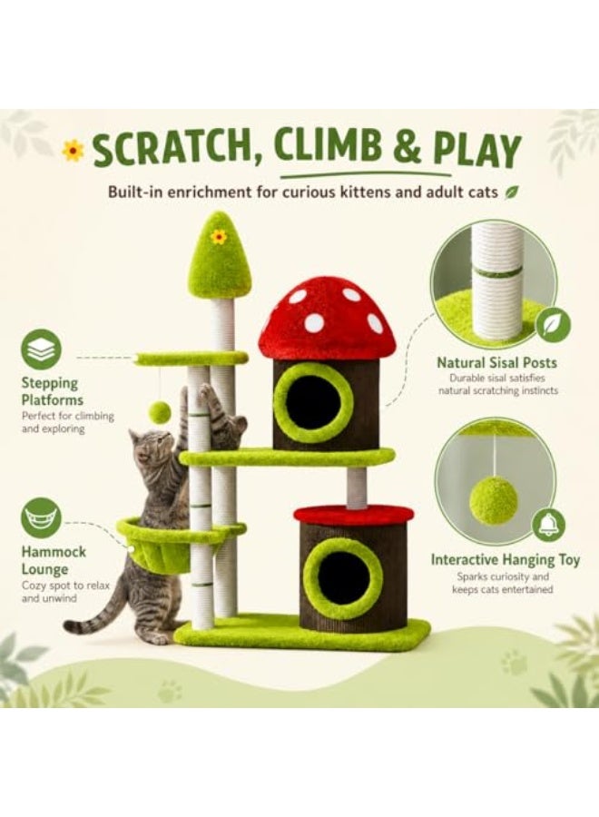 Al LIFE 49.5 Inch Mushroom Cat Tree Tower for Indoor Cats, Multi-Level Cat Condo with Sisal Scratching Posts, Plush Perches, Hammock Bed & Hanging Ball Toy - Image 5