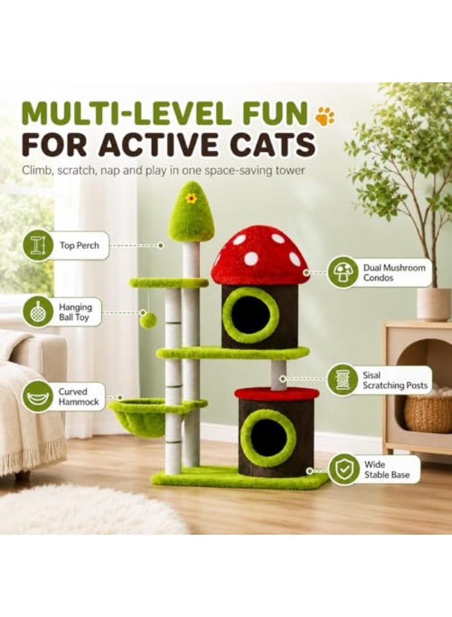 Al LIFE 49.5 Inch Mushroom Cat Tree Tower for Indoor Cats, Multi-Level Cat Condo with Sisal Scratching Posts, Plush Perches, Hammock Bed & Hanging Ball Toy - Image 2