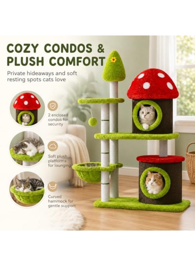 Al LIFE 49.5 Inch Mushroom Cat Tree Tower for Indoor Cats, Multi-Level Cat Condo with Sisal Scratching Posts, Plush Perches, Hammock Bed & Hanging Ball Toy - Image 4