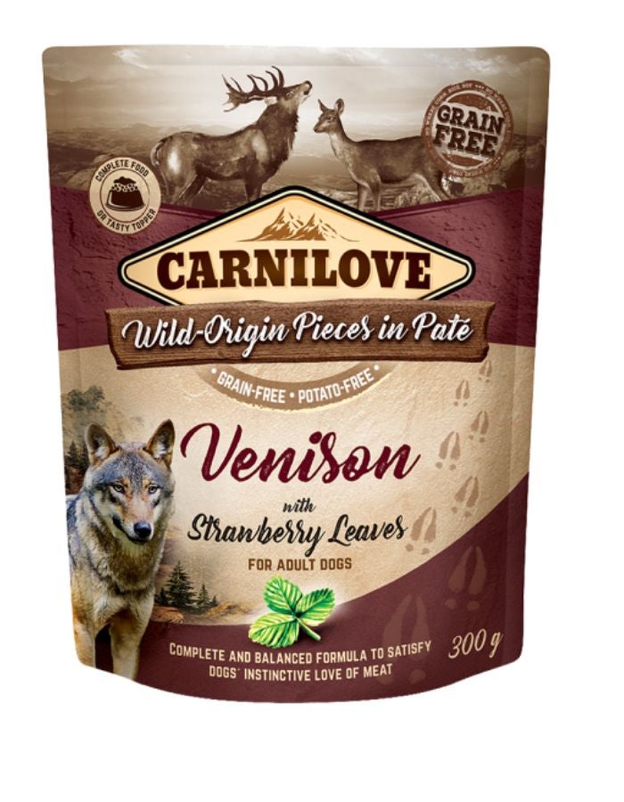 Carnilove Venison with Strawberry Leaves Adult Dog Wet Food Pouches 12x300g – Grain-Free, High Meat Content
