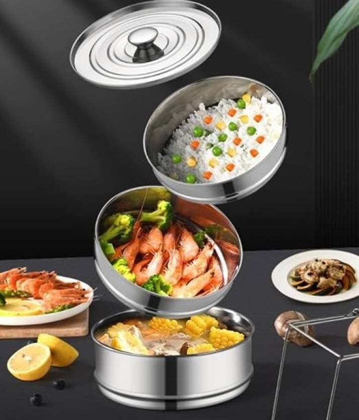 filfora Pressure Cooker Set 5 Litres Outer Lid 3 Containers with Steel Steamer Lifter
